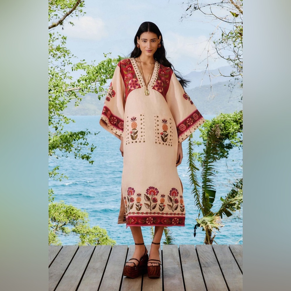 FARM RIO Nature Embroidered Cream V Neckline Tunic Maxi Dress